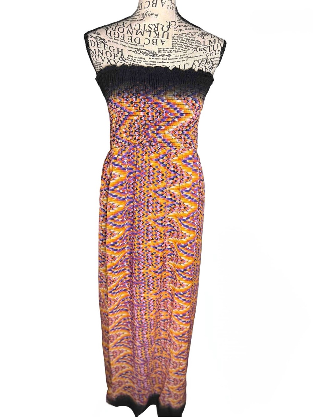 Boho Smocked Tube Maxi Dress Geometric Fringe L XL